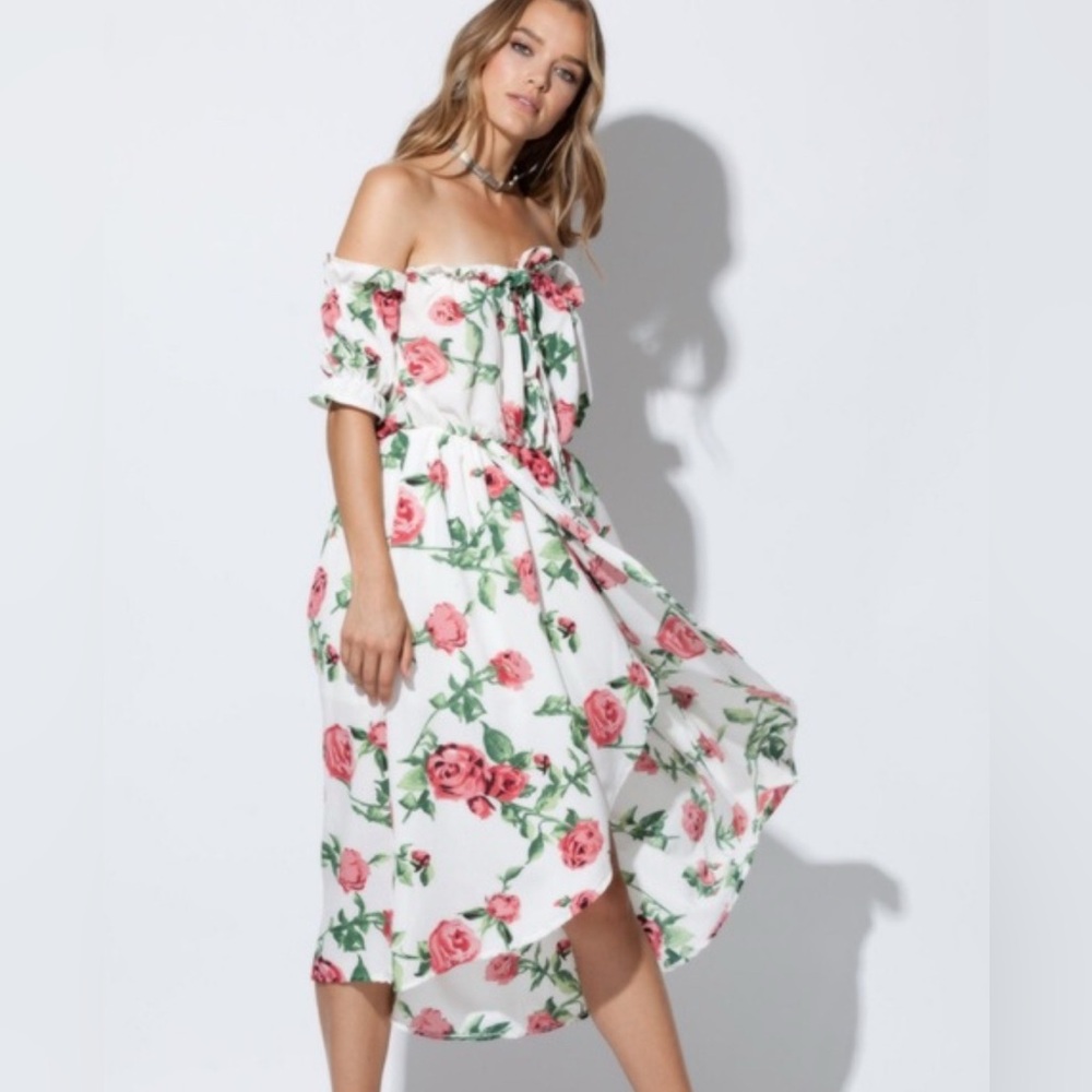 Haute Rogue off the shoulders floral Smoke low high maxi dress size L